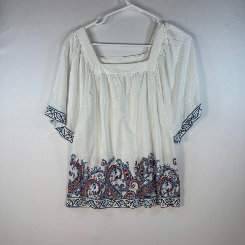 J. Jill Womens White Paisley Border Print Square Neck Cotton Modal Top Medium